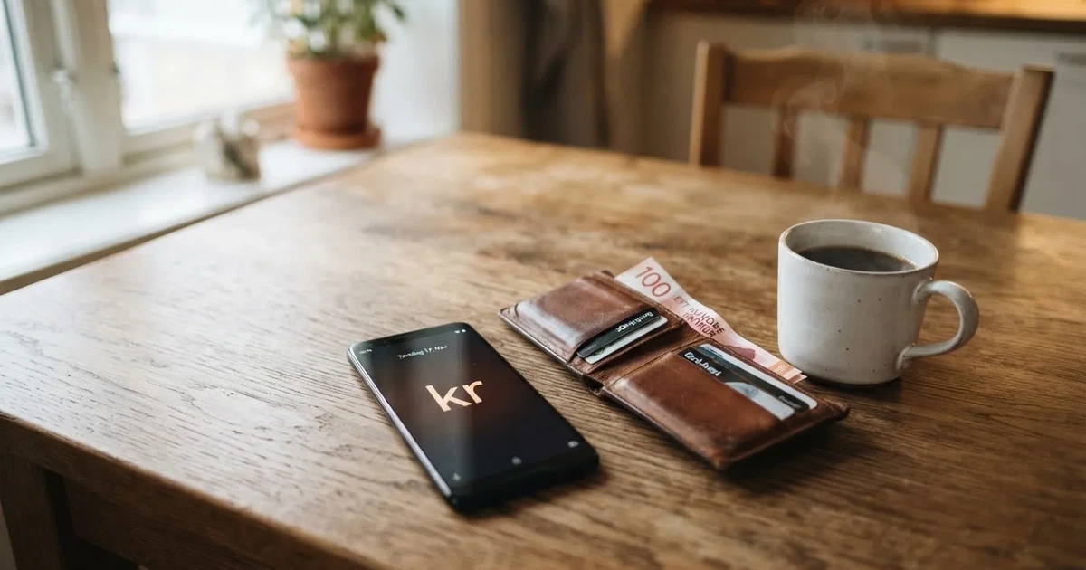 Mobiltelefon på et trebord ved siden av en lommebok og en kopp kaffe — 10 kr casinoer i norge