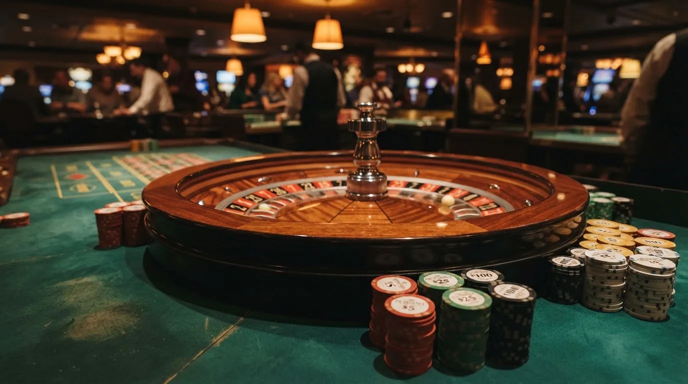 Rulettehjul og sjetonger på grønn filt i varmt kveldslys — 10 kr casinoer i norge
