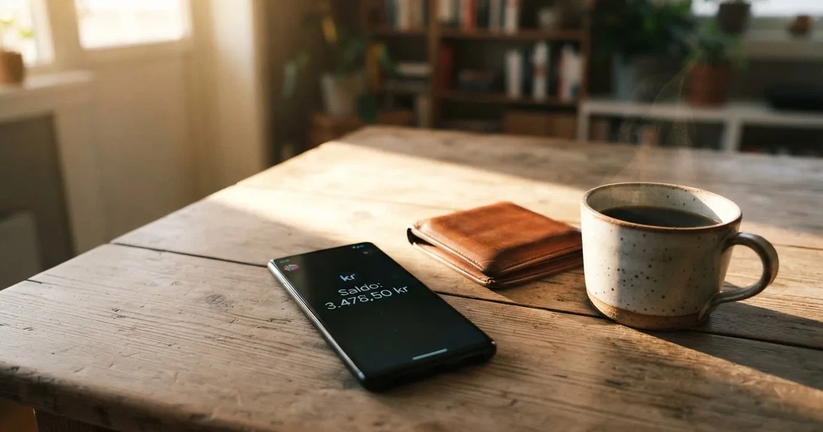 Mobiltelefon på et trebord ved siden av en lommebok og en kopp kaffe — 100 kr casinoer i norge