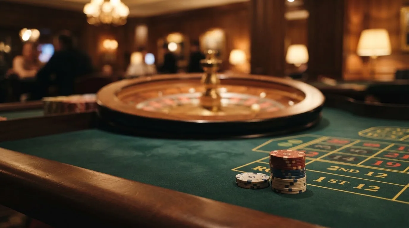 Rulettehjul og sjetonger på grønn filt i varmt kveldslys — 100 kr casinoer i norge