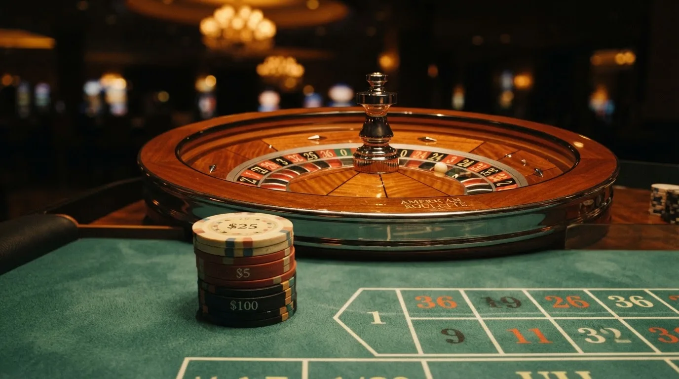 Rulettehjul og sjetonger på grønn filt i varmt kveldslys — 20 kr casinoer i norge