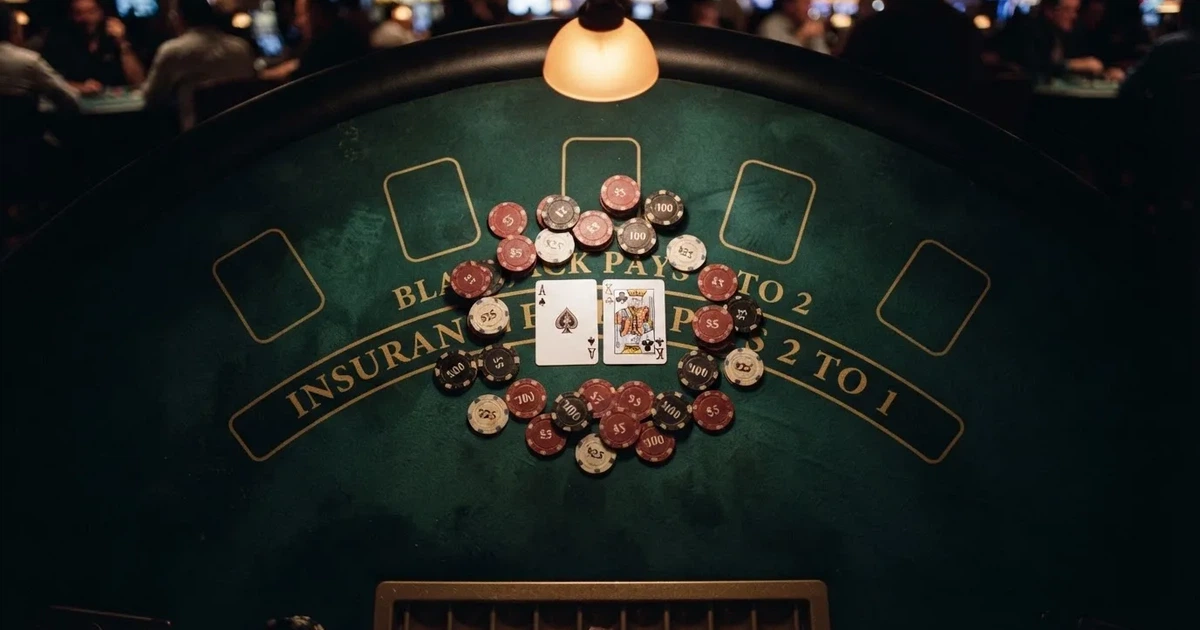 Opplyst spillebord med kort, sett ovenfra — beste blackjack i norge