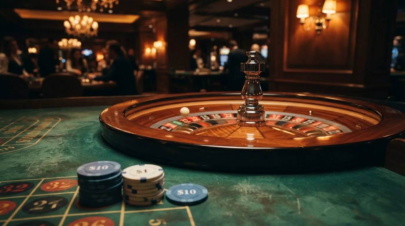 Rulettehjul og sjetonger på grønn filt i varmt kveldslys — beste blackjack i norge