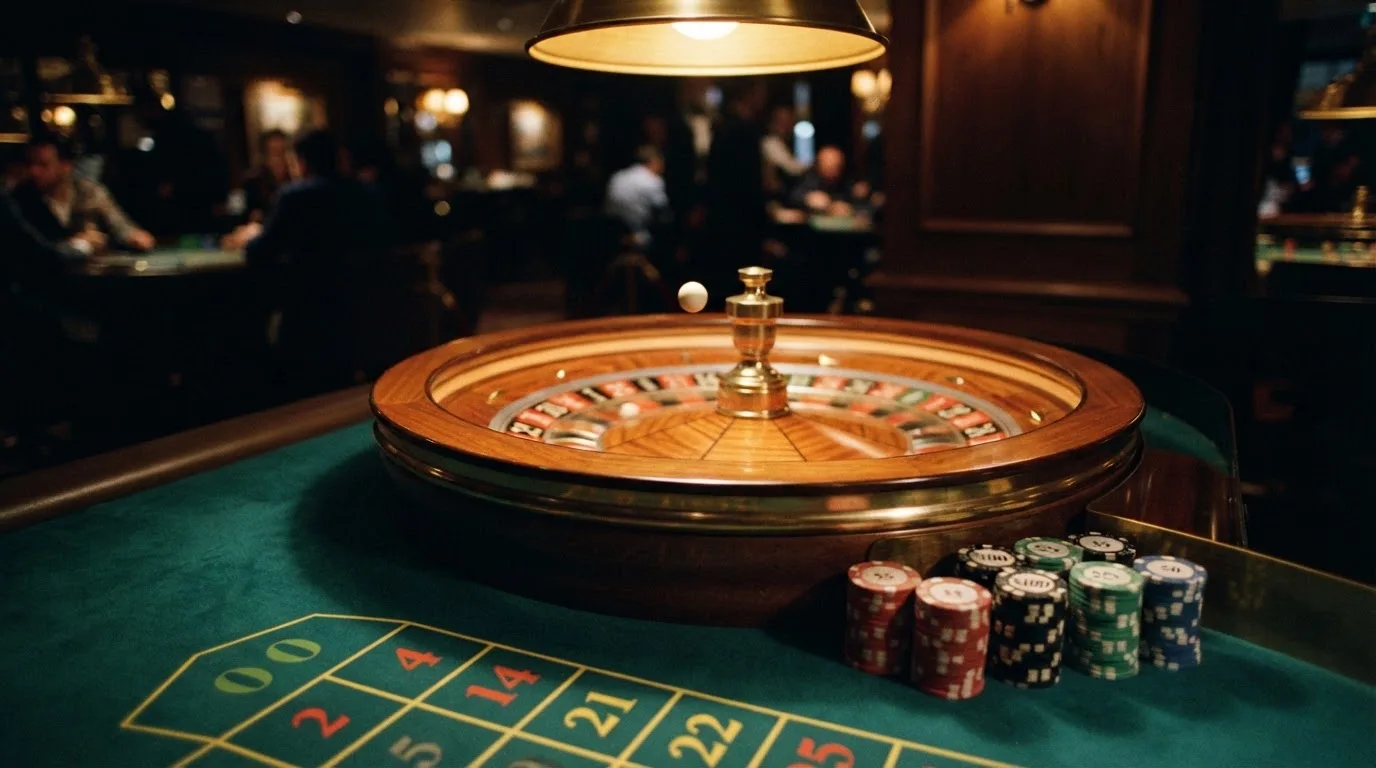 Rulettehjul og sjetonger på grønn filt i varmt kveldslys — beste bonuser på norske casinoer