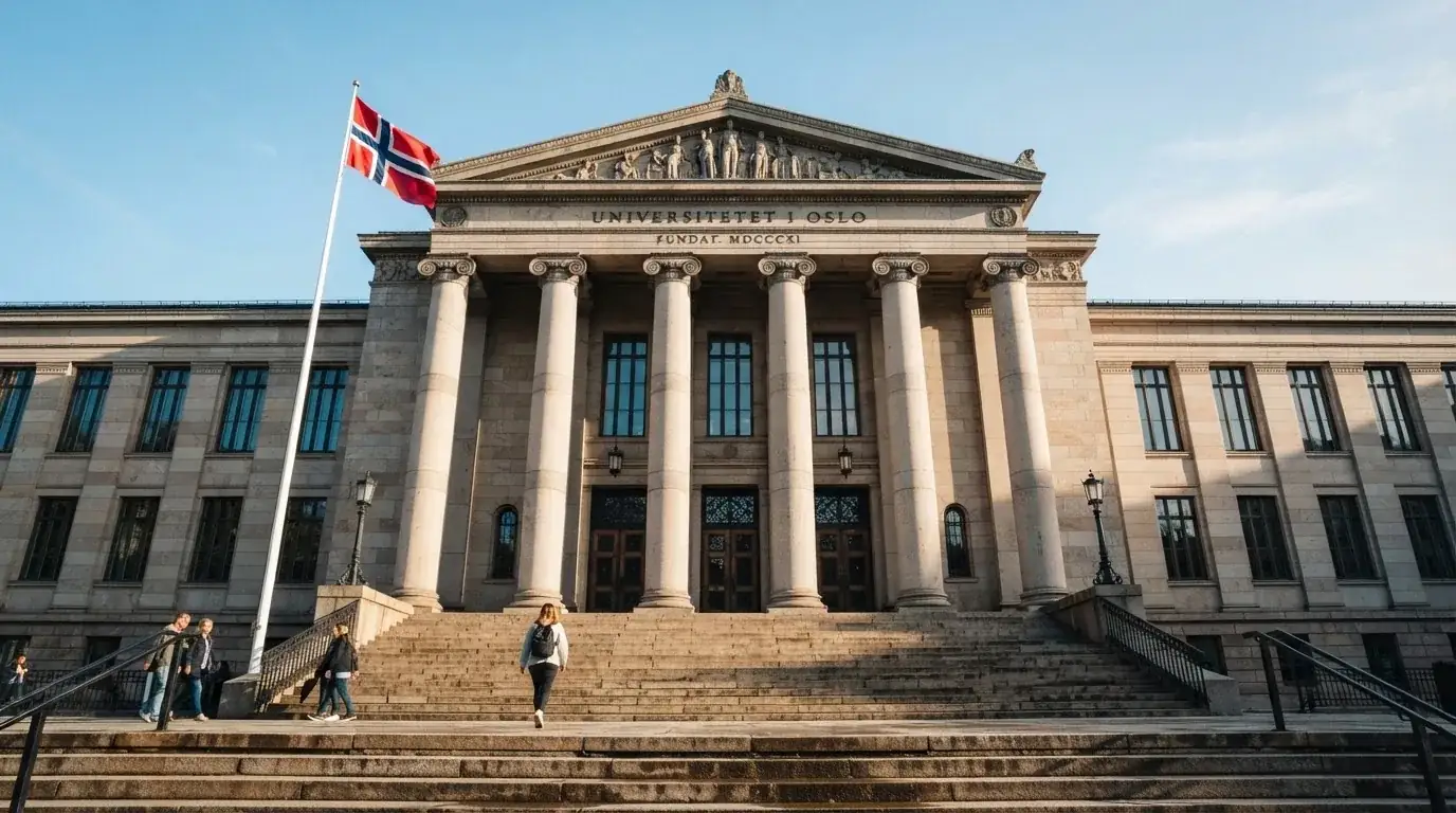 Fasade av en stor offentlig bygning i Oslo med brede trapper og et norsk flagg i vinden under klar himmel