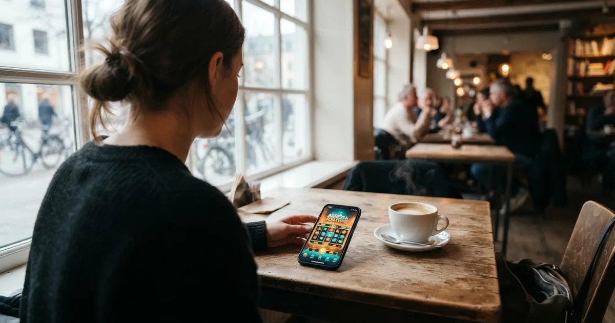Hånd som holder en smarttelefon med mørk skjerm over et kafébord, kaffekopp ved siden av og dagslys fra et stort vindu