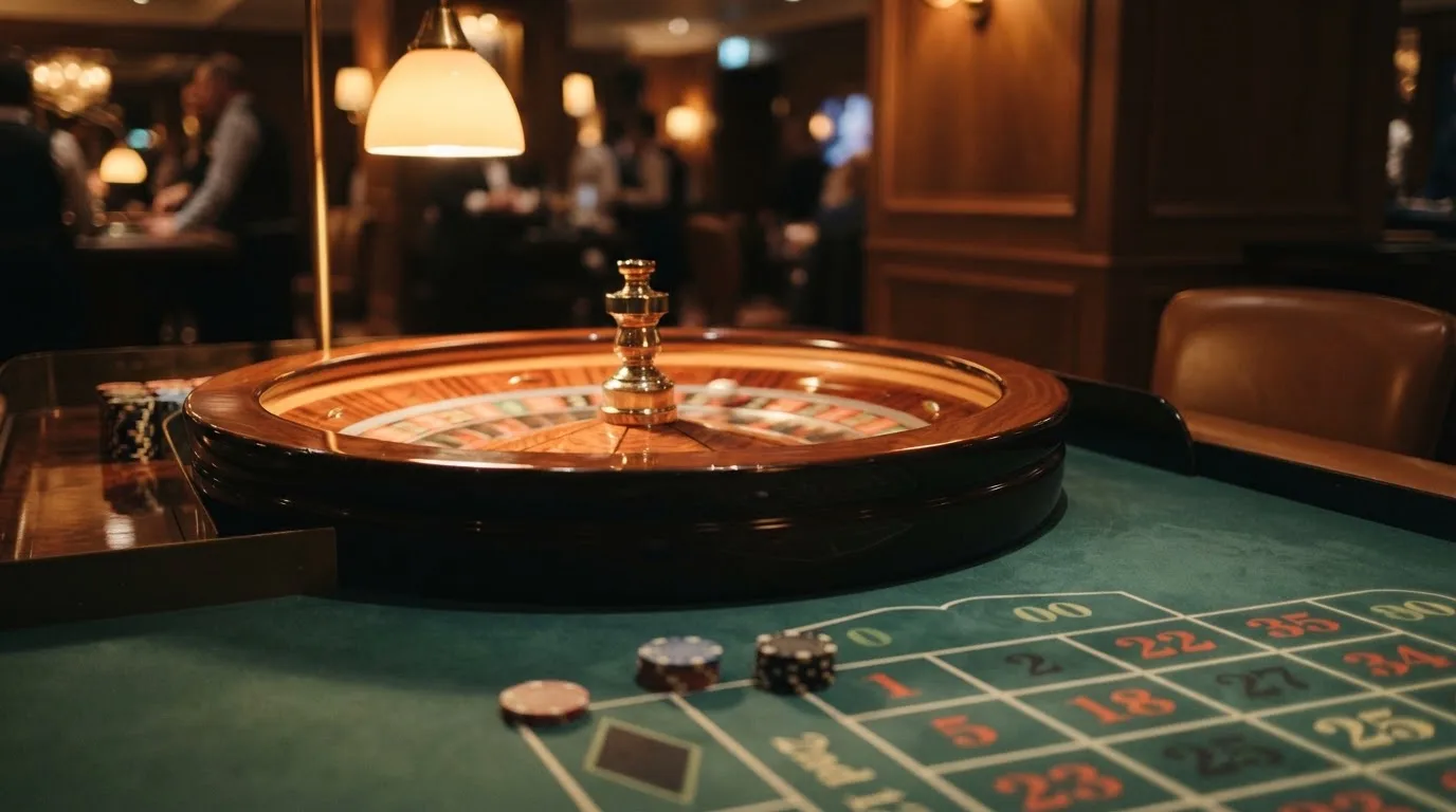 Rulettehjul og sjetonger på grønn filt i varmt kveldslys — beste casino spilleautomater