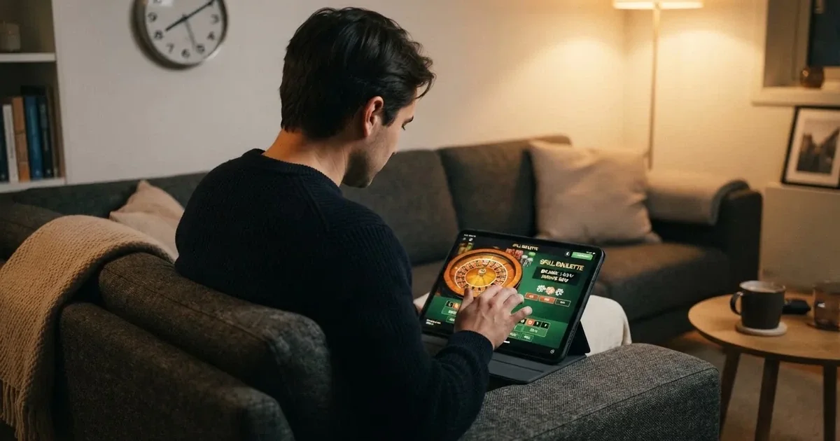 Person i en sofa ser ettertenksomt på et nettbrett, en klokke på veggen bak — beste casinobonuser i norge