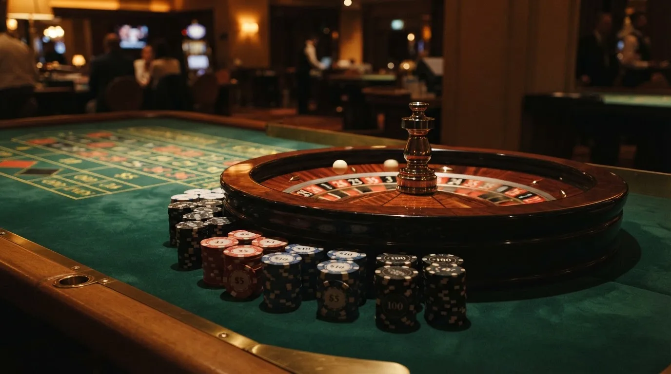Rulettehjul og sjetonger på grønn filt i varmt kveldslys — beste casinobonuser i norge
