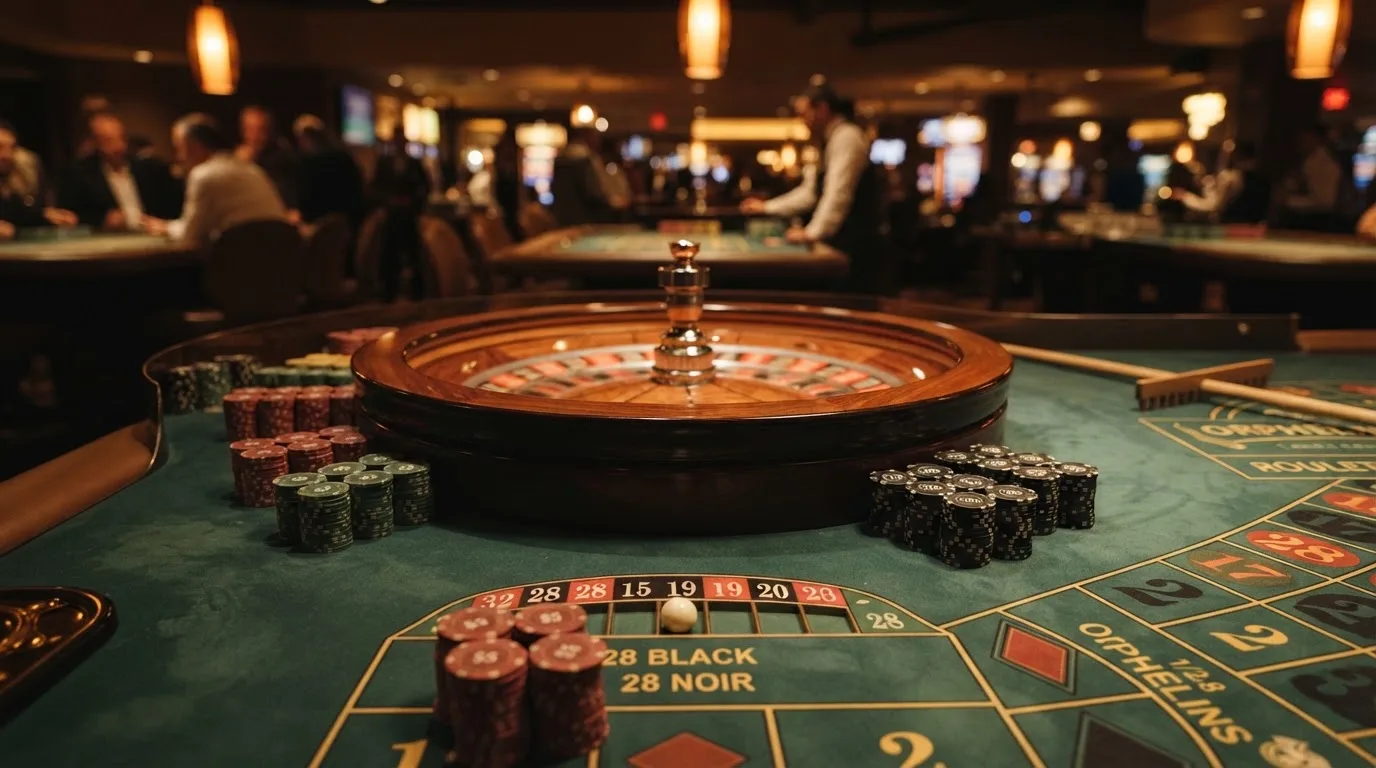 Rulettehjul og sjetonger på grønn filt i varmt kveldslys — beste casinoer med baccarat