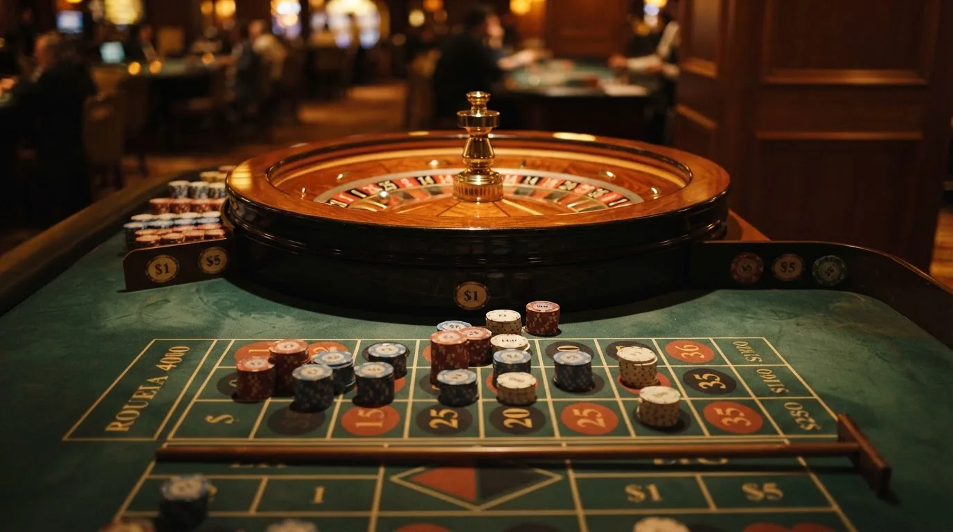 Rulettehjul og sjetonger på grønn filt i varmt kveldslys — beste casinoer med bingo