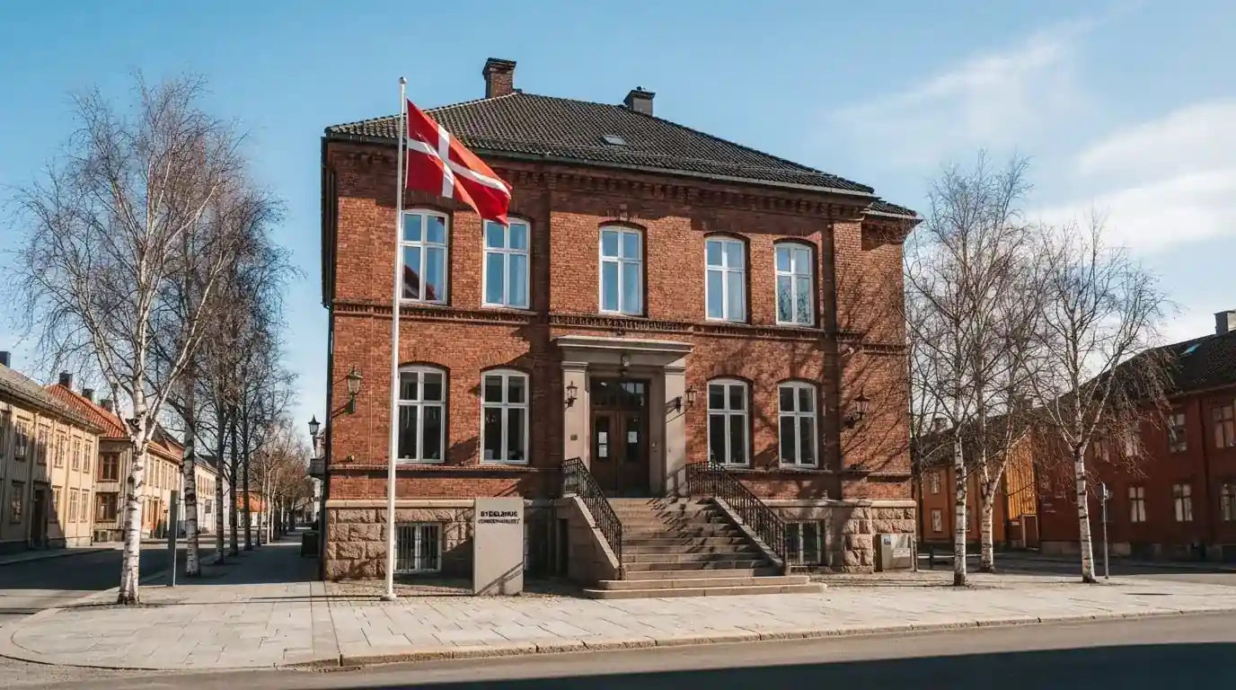 Offentlig kontorbygning i rødt murstein i en norsk by, med et flagg ved inngangen og blå himmel