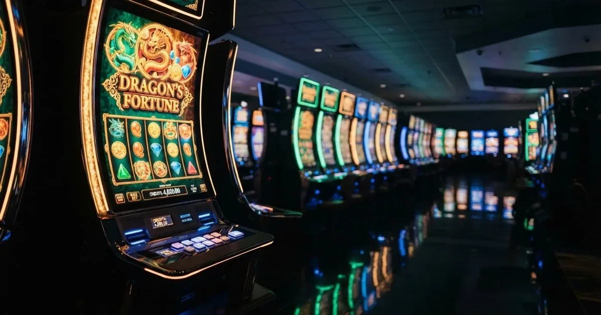 Rad med moderne spilleautomater i en dempet spillhall uten mennesker, fargede lys som speiler seg i et blankt gulv