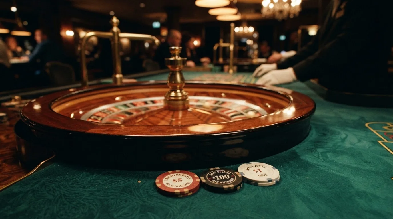 Rulettehjul og sjetonger på grønn filt i varmt kveldslys — beste utenlandske casinoer