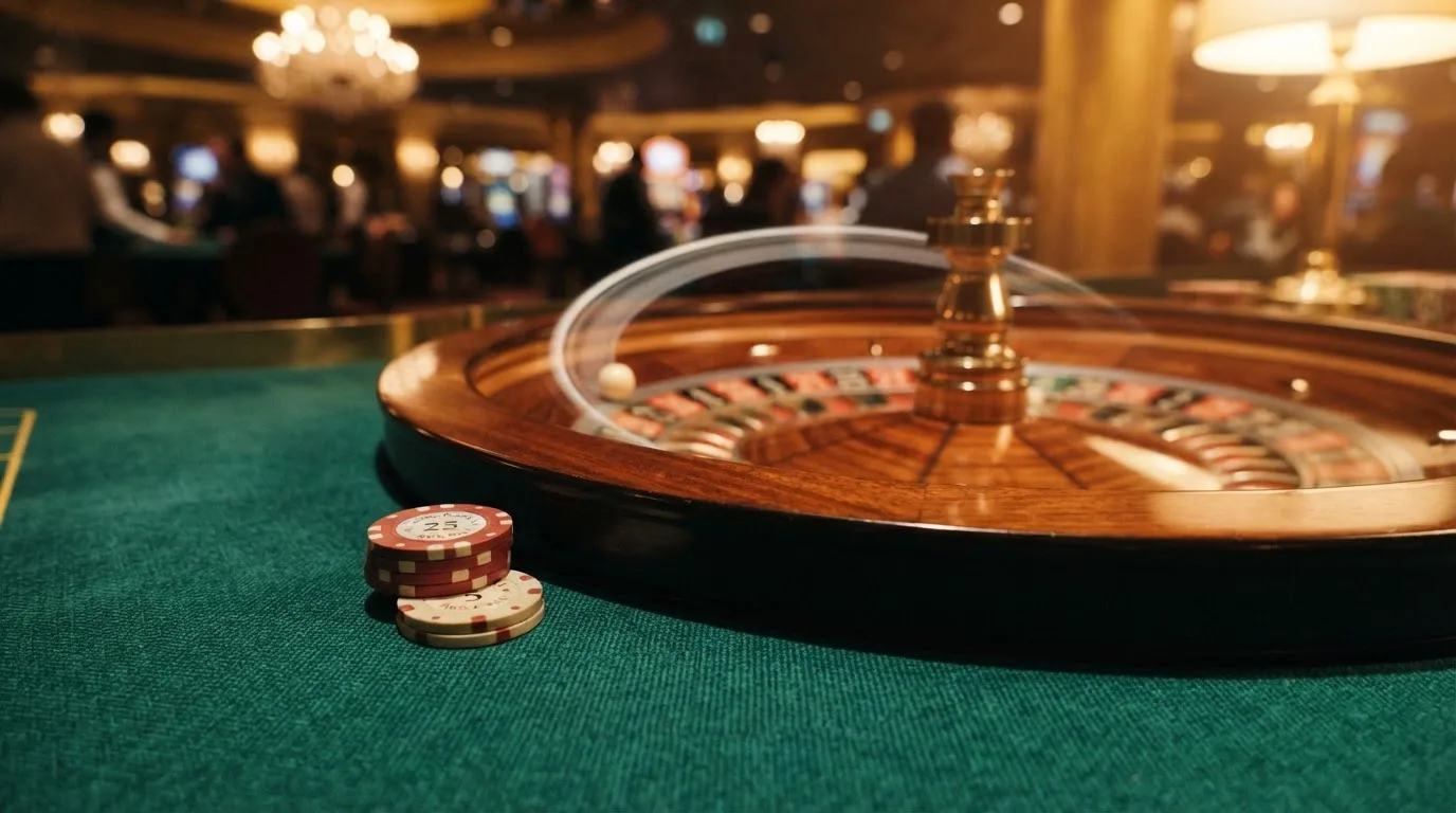 Rulettehjul og sjetonger på grønn filt i varmt kveldslys — bonuser på nettcasino