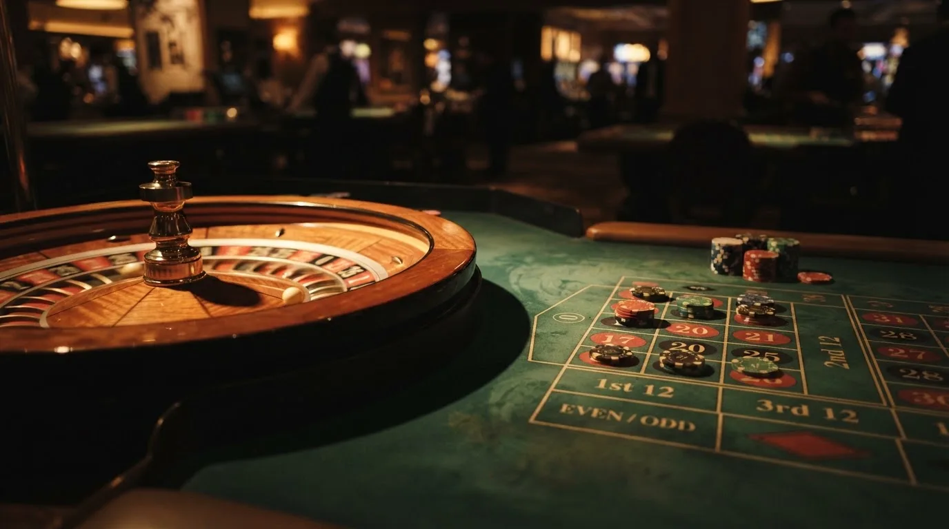 Rulettehjul og sjetonger på grønn filt i varmt kveldslys — casino slots in norway