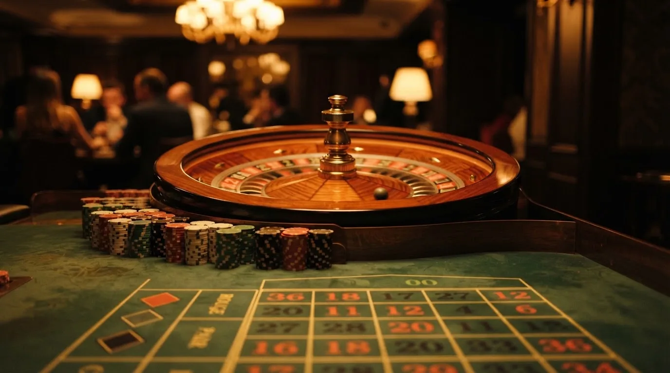 Rulettehjul og sjetonger på grønn filt i varmt kveldslys — casino tipping i norge