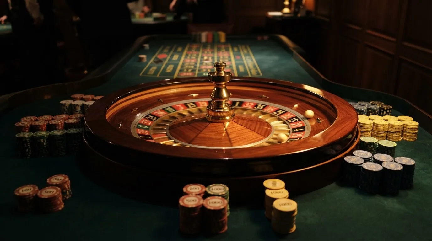Rulettehjul og sjetonger på grønn filt i varmt kveldslys — casino uten lisens i norge