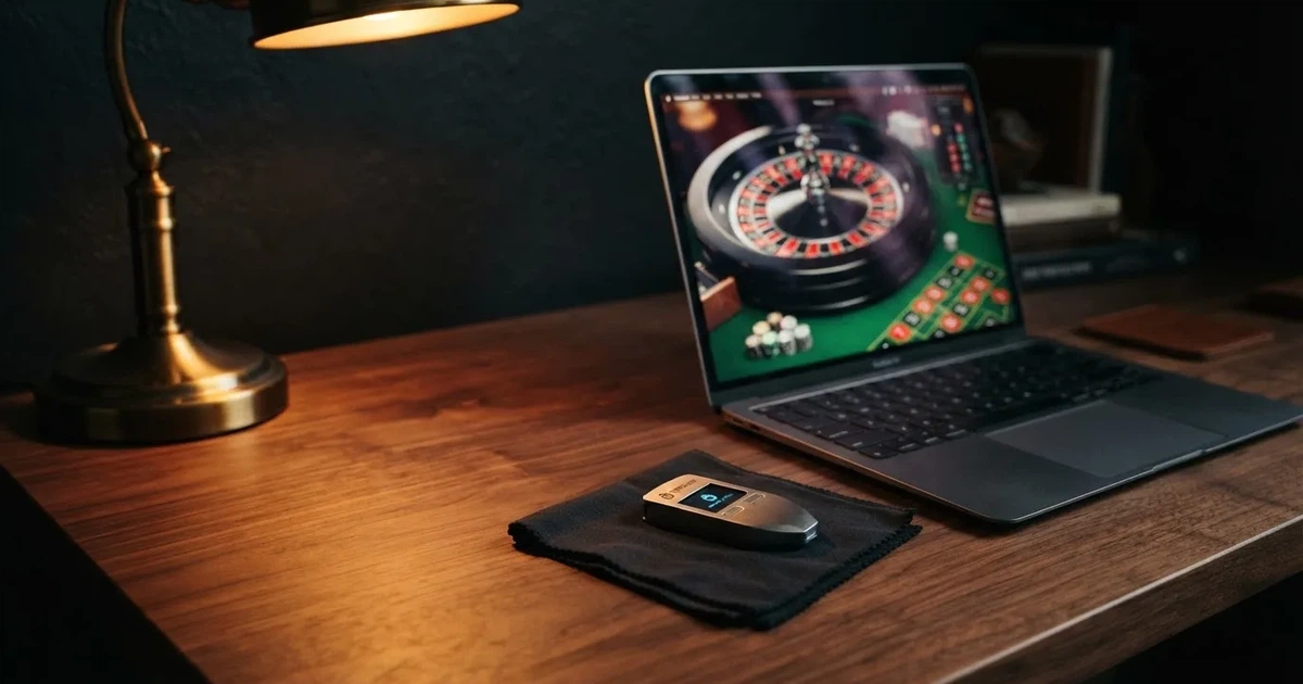 Maskinvarelommebok og bærbar datamaskin på et skrivebord i dempet lys — casinoer med bitcoin i norge