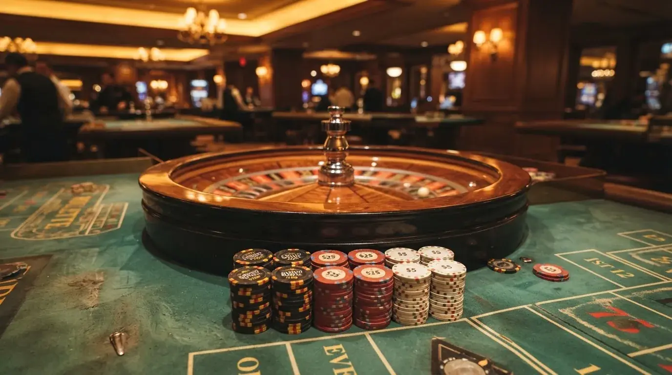 Rulettehjul og sjetonger på grønn filt i varmt kveldslys — casinoer med bitcoin i norge