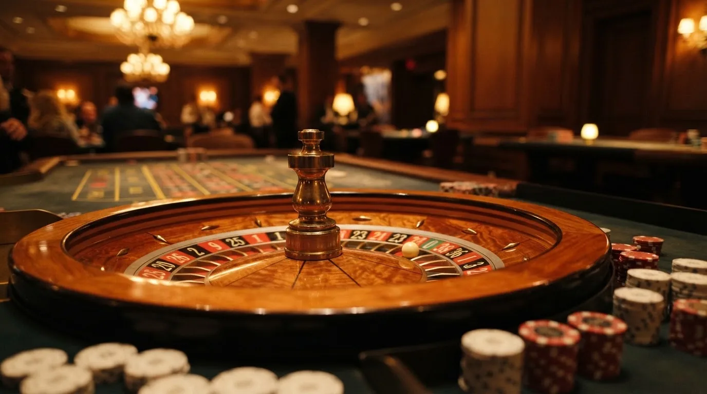 Rulettehjul og sjetonger på grønn filt i varmt kveldslys — casinoer med dogecoin i norge