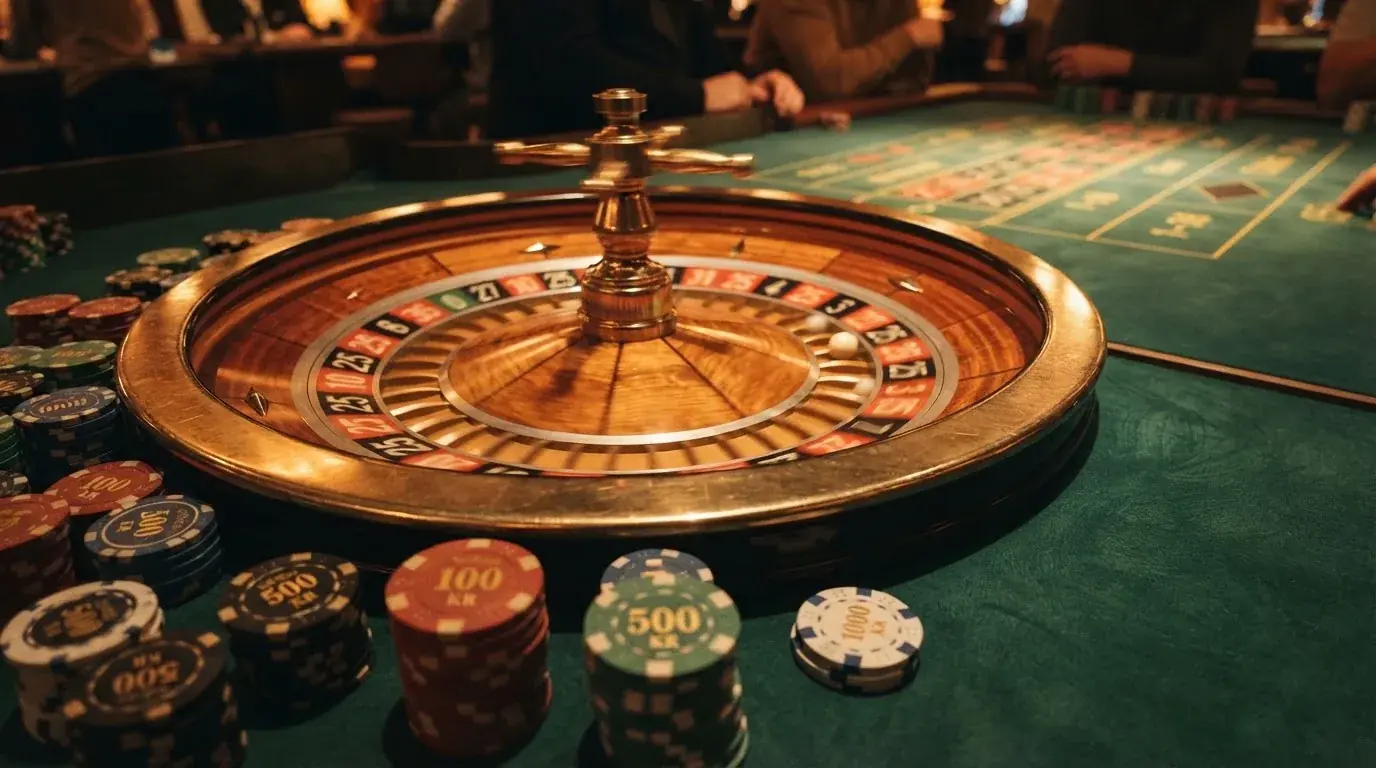 Rulettehjul og sjetonger på grønn filt i varmt kveldslys — live roulette in norway