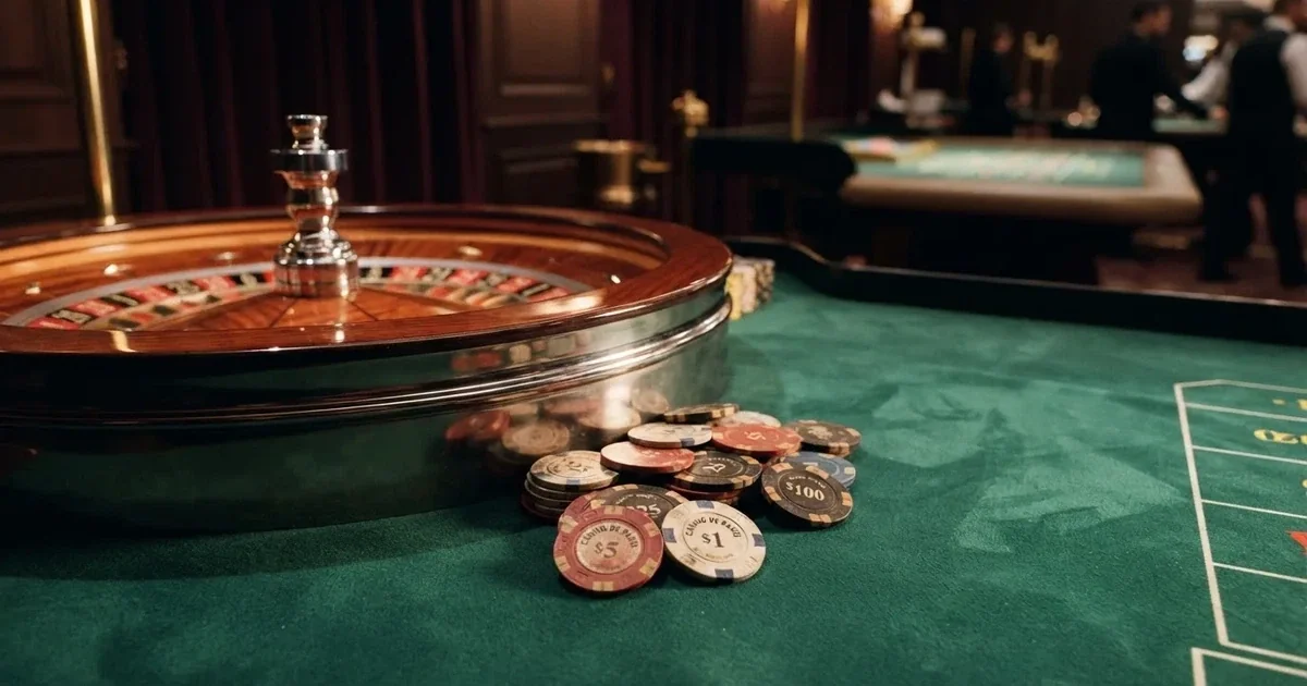 Rulettehjul og sjetonger på grønn filt i varmt kveldslys — norske casino gevinster