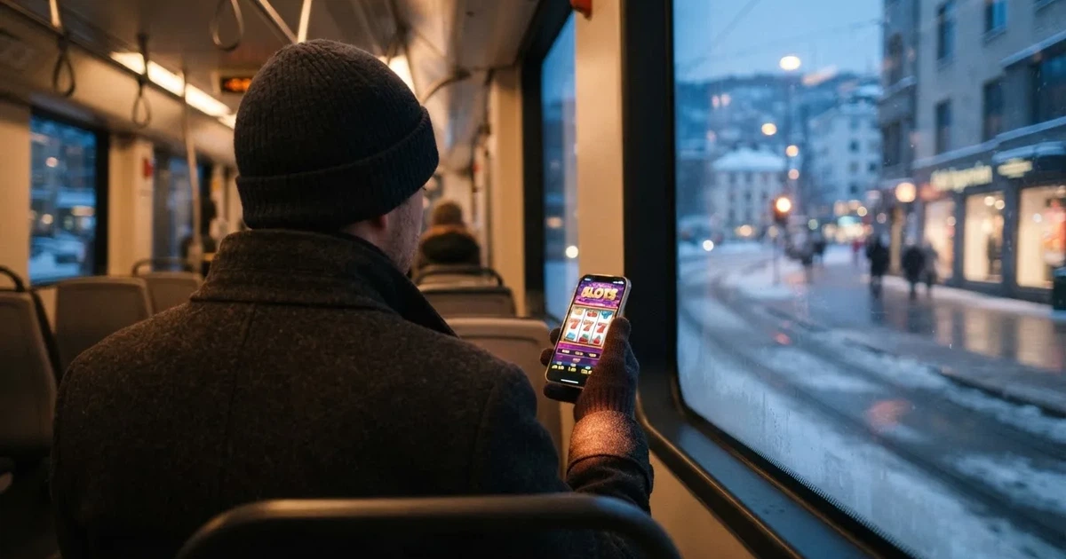 Mobiltelefon i hånden på trikken i Oslo en vinterkveld — norske casinoer på android