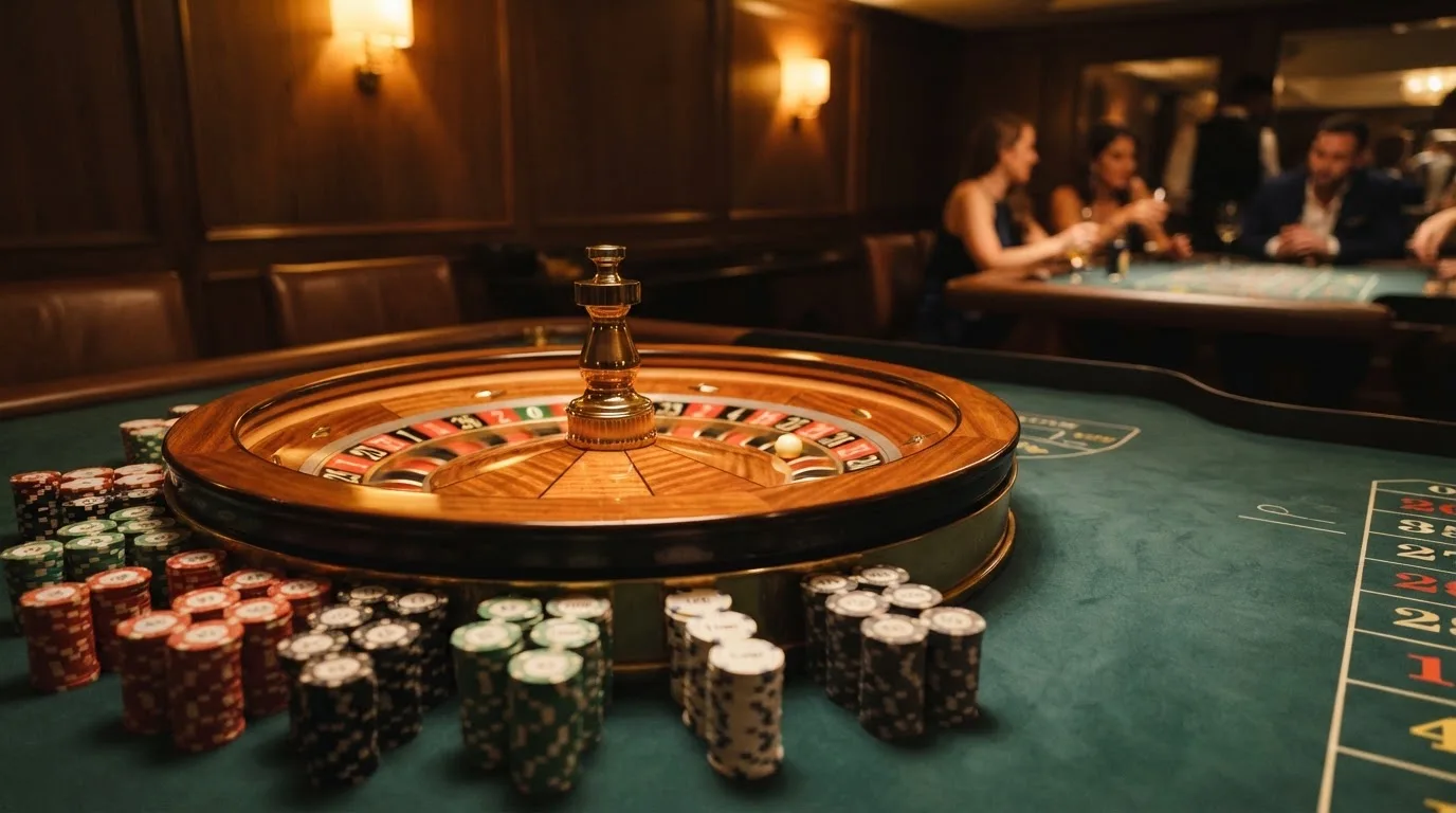Rulettehjul og sjetonger på grønn filt i varmt kveldslys — norske casinoer på android