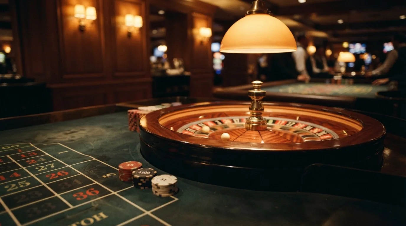 Rulettehjul og sjetonger på grønn filt i varmt kveldslys — norske casinoer på ios