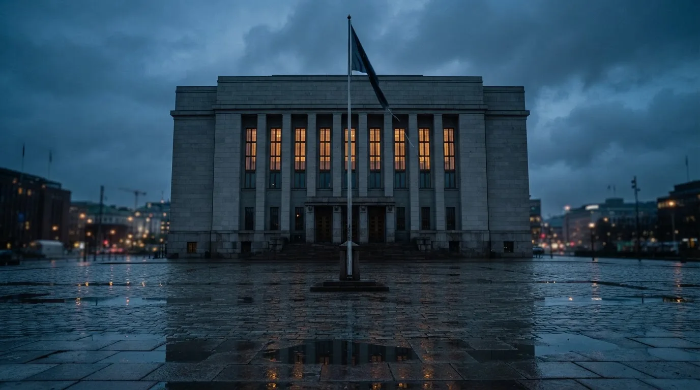 Statlig bygning av grå stein med flaggstang og en regnvåt brosteinsplass i skumring