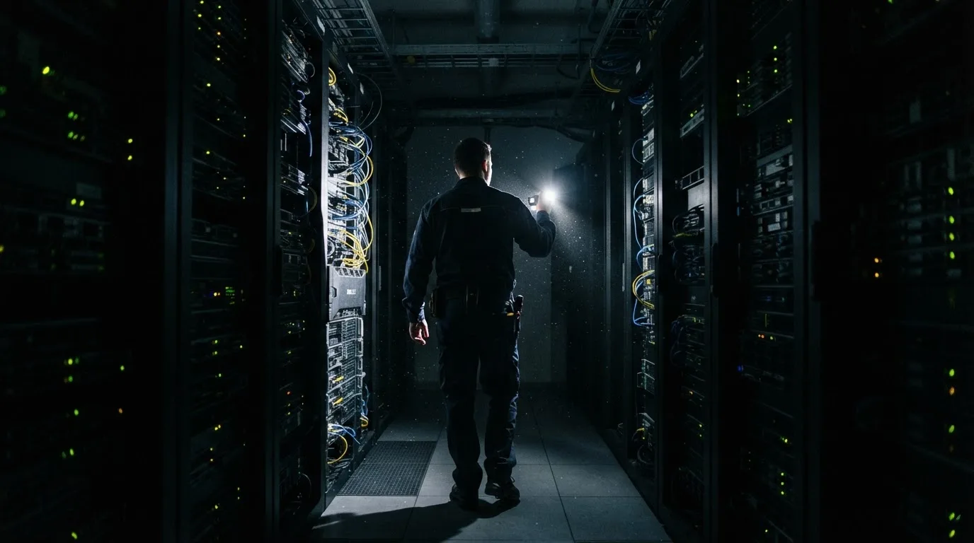 Inspektør med lommelykt ser på en rad av serverskap i et mørkt datarom